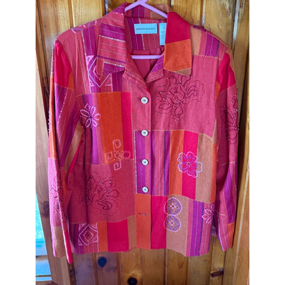 Alfred‎ Dunner Pink Orange Patchwork Embroidered Linen Blend Jacket Womens 16
